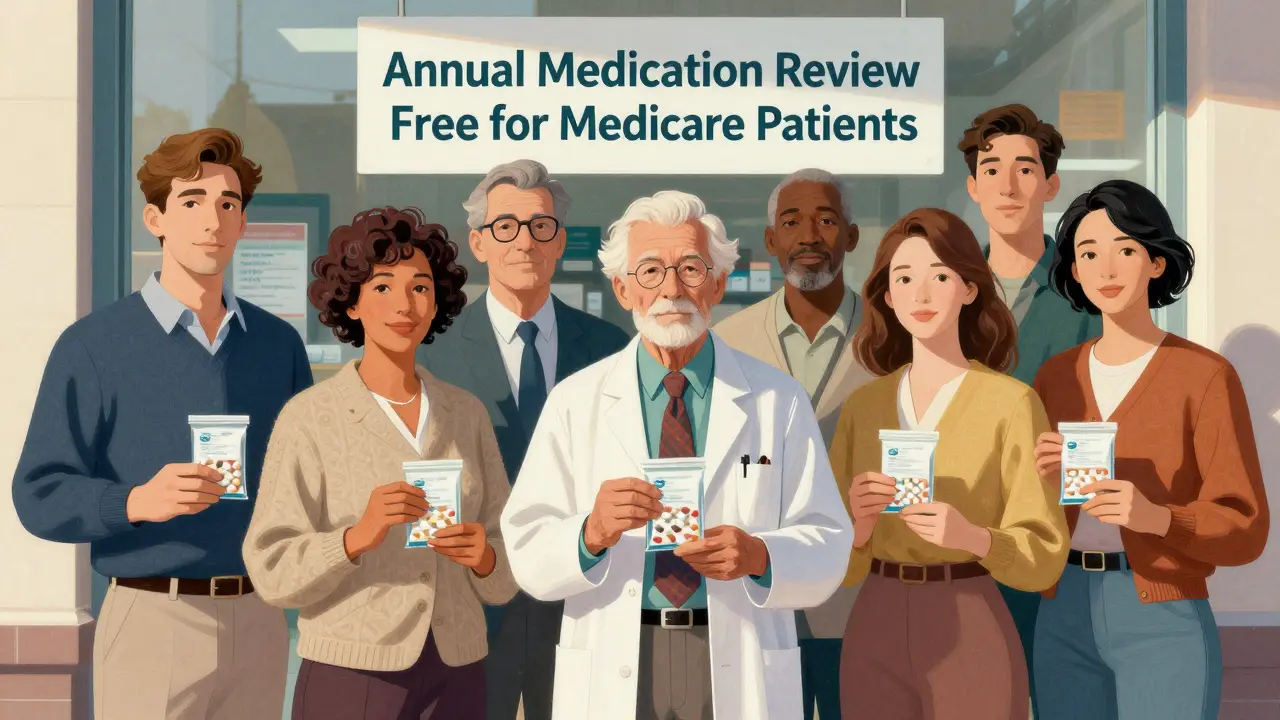Diverse people holding medication bags outside a pharmacy with a sign offering free annual reviews.