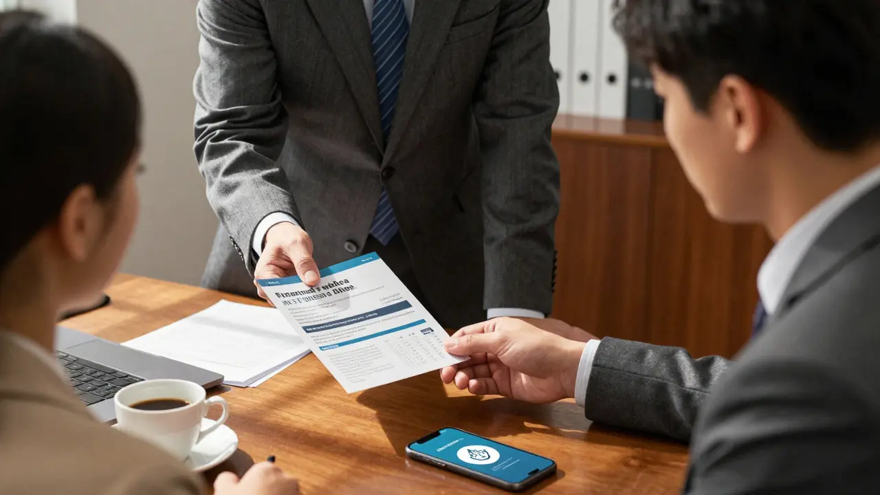 Manager handing a financial wellness flyer to an employee in a sunlit office corner.