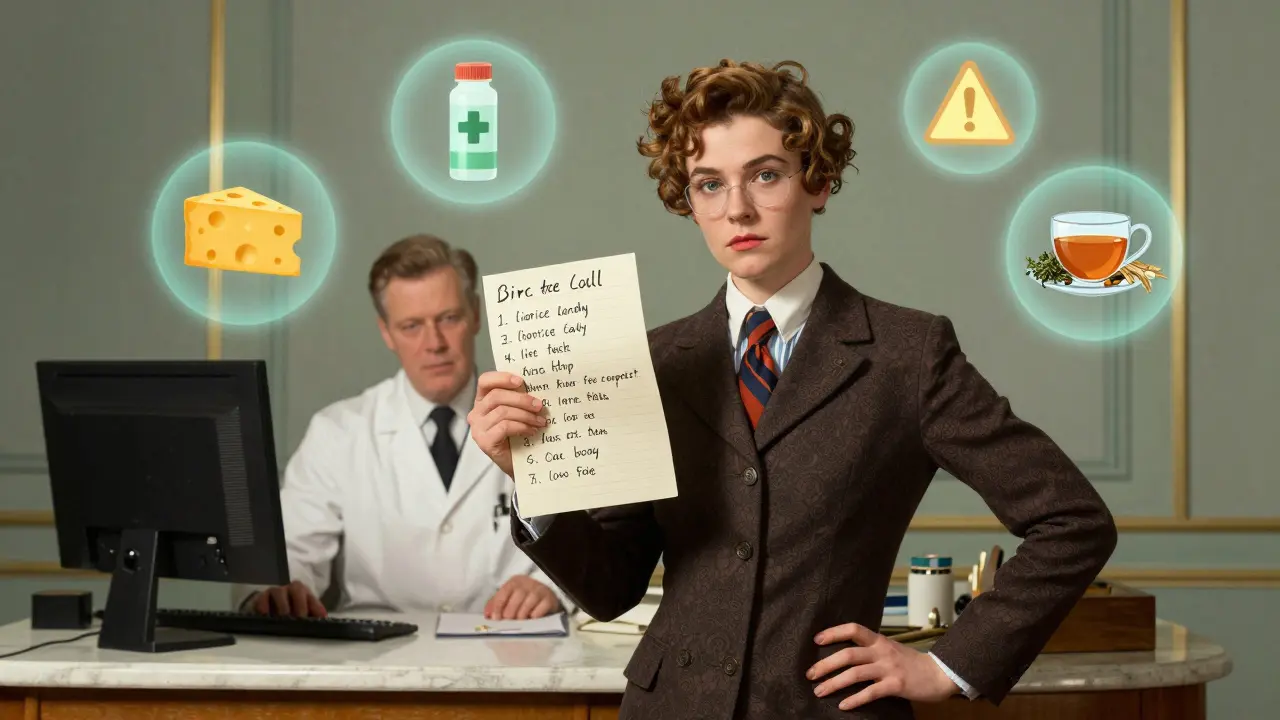 Patient presents medication list to doctor while floating warning icons hover behind them.