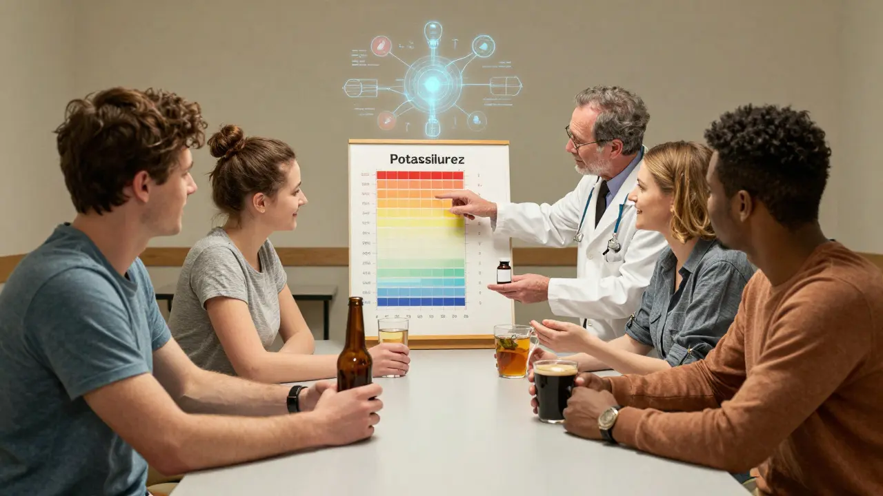 Patients at clinic table with beverages, doctor explaining chart, AI algorithm glowing above them