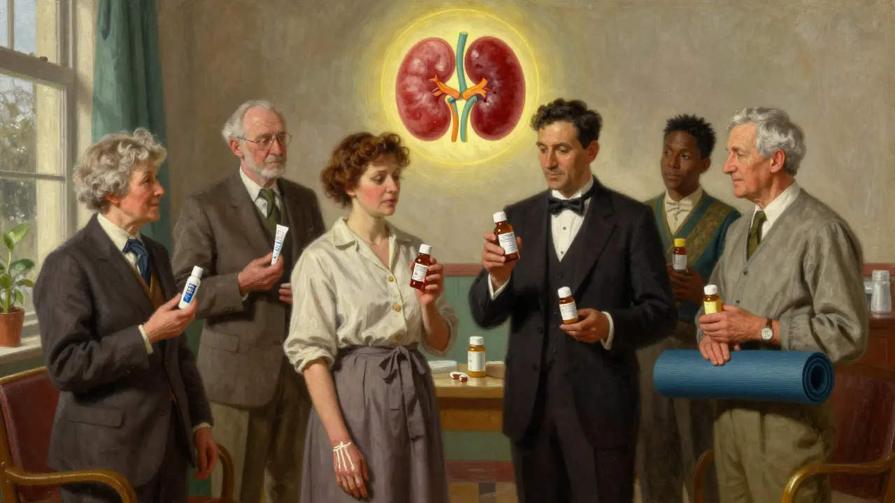 Patients in a clinic holding safer pain relief options, with a healthy kidney shining above them as a symbol of protection.