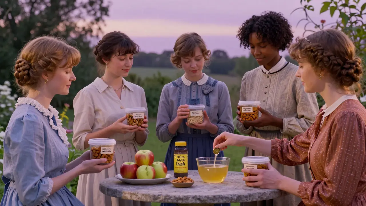 People in a garden sharing low-sodium foods, representing community and mindful dietary choices.
