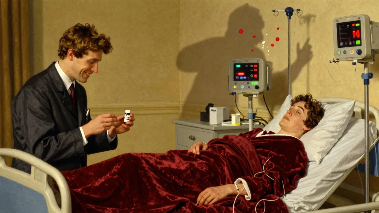 Split illustration: calm patient on left, collapsed in hospital on right with glowing drug molecules.