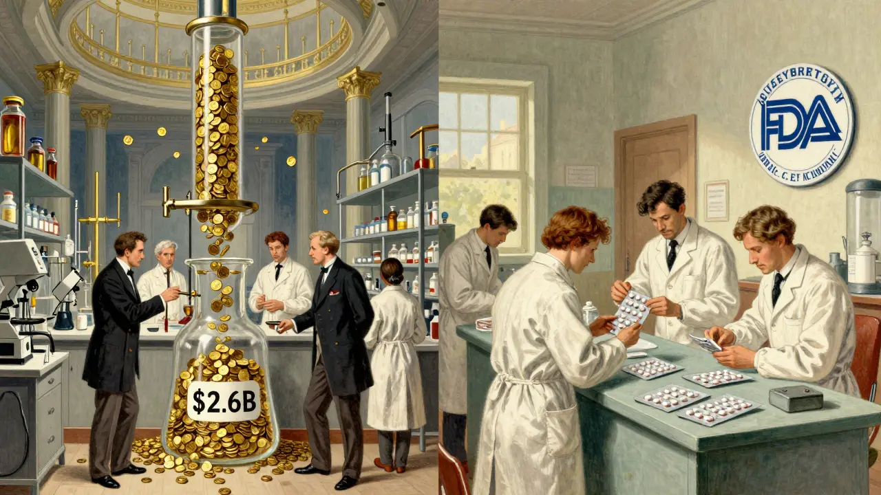 Split illustration: lavish drug development lab vs. modest generic manufacturing facility.