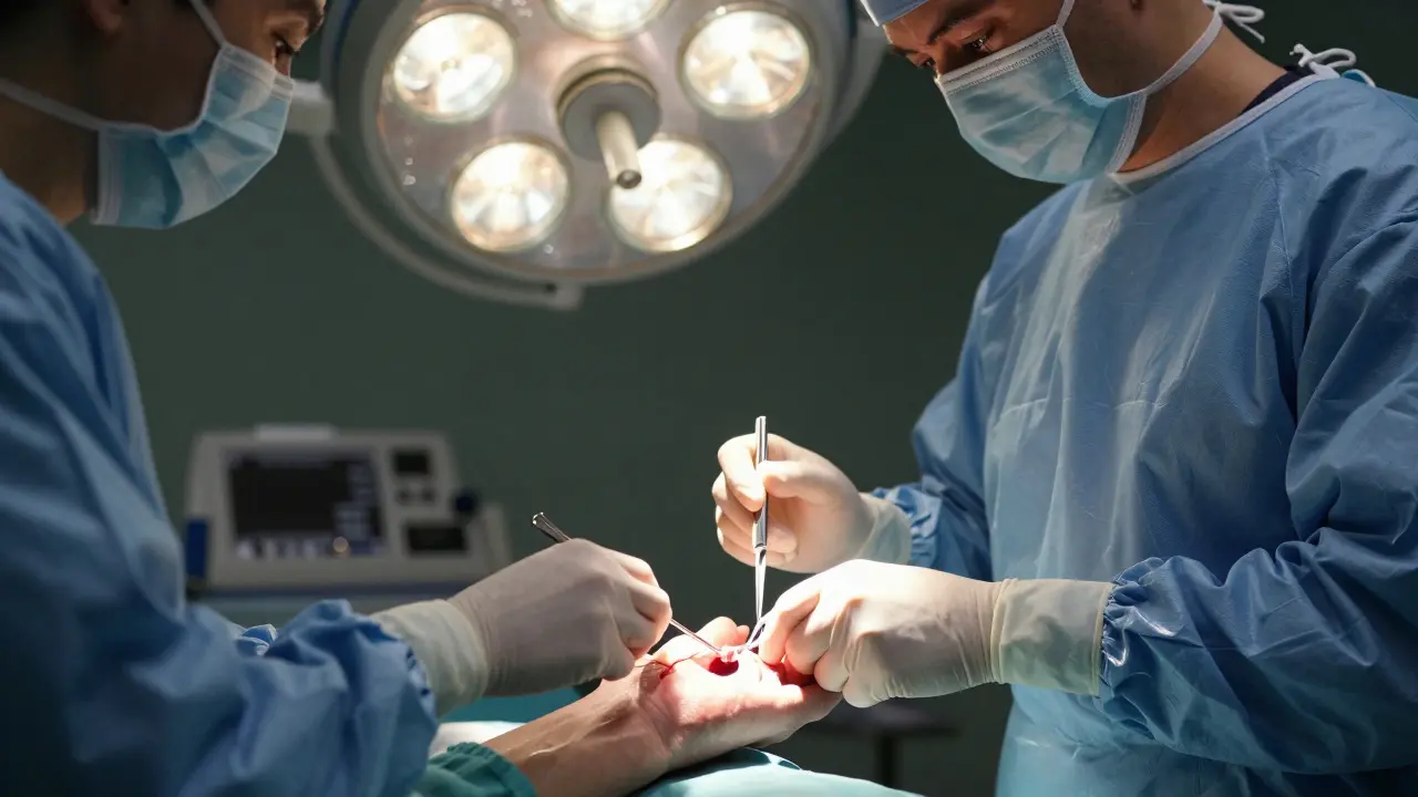 Surgeon performing carpal tunnel release, scalpel cutting ligament, surgical lighting.