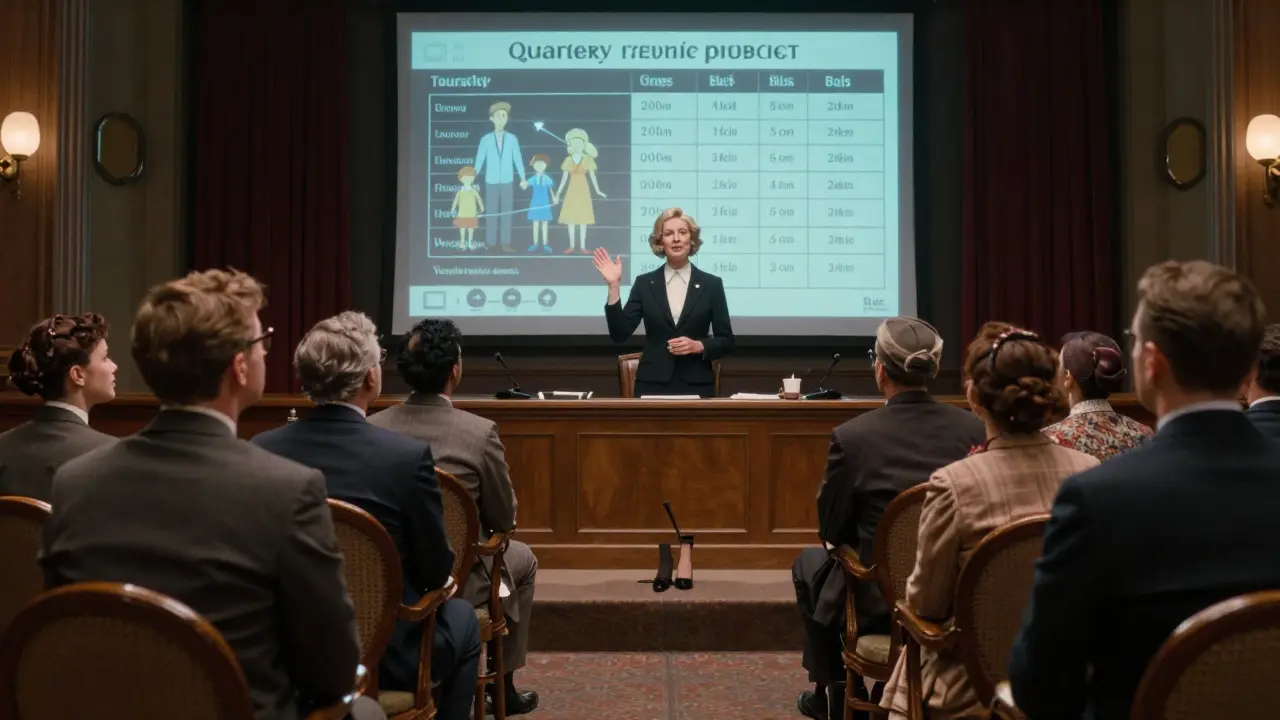 Team watching a hologram of budget improvements during a town hall meeting.