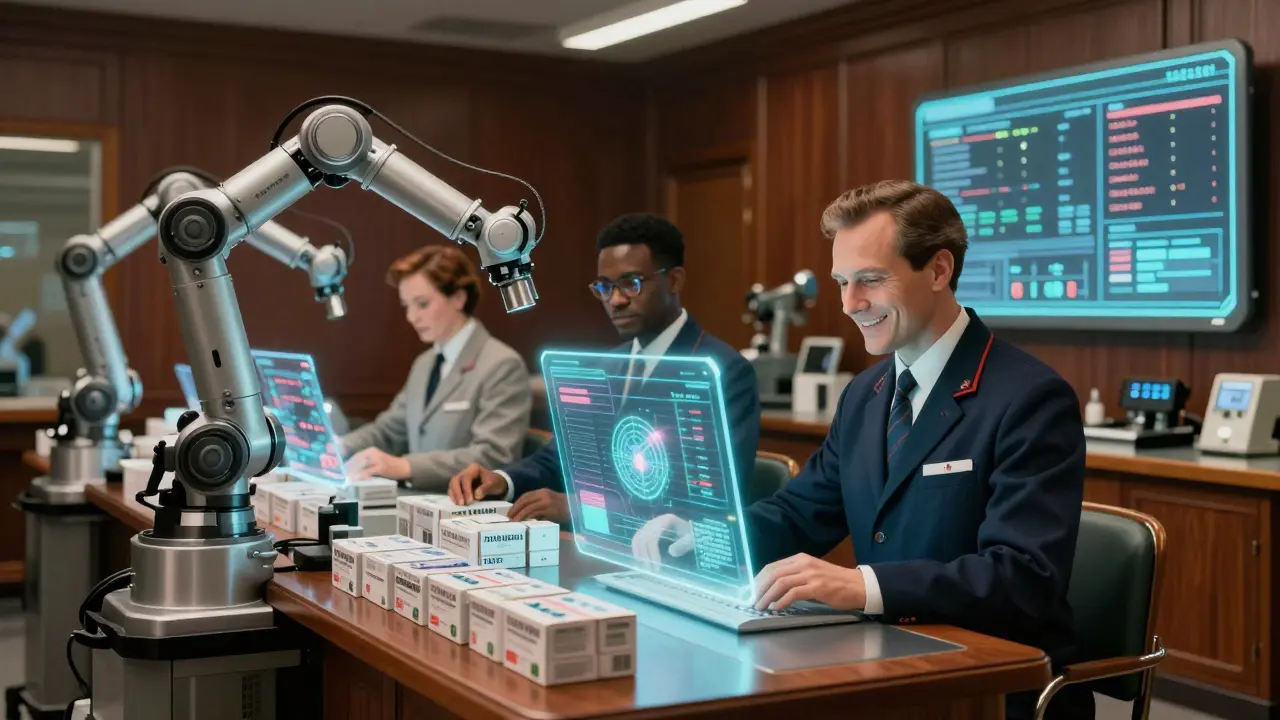 Technicians monitor robotic packaging with holographic data, representing smart labor and automation in generic drug manufacturing.