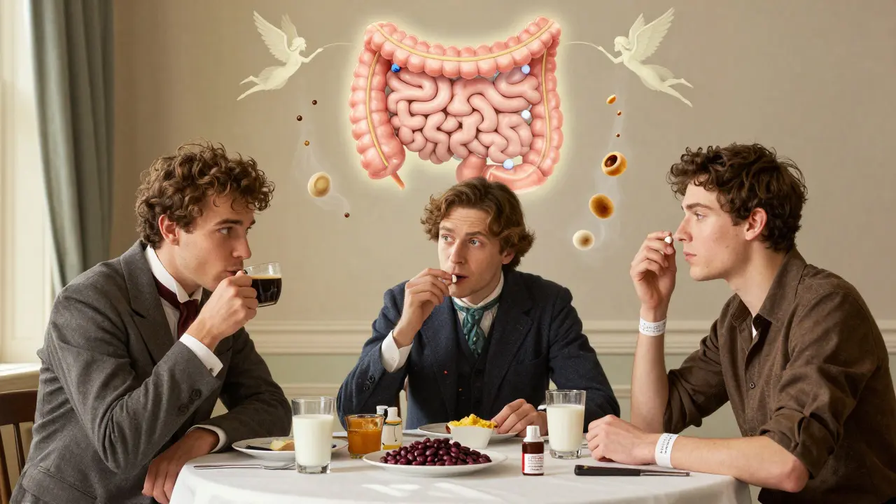 Three people at breakfast taking targeted enzyme supplements, with a glowing intestinal diagram above them.