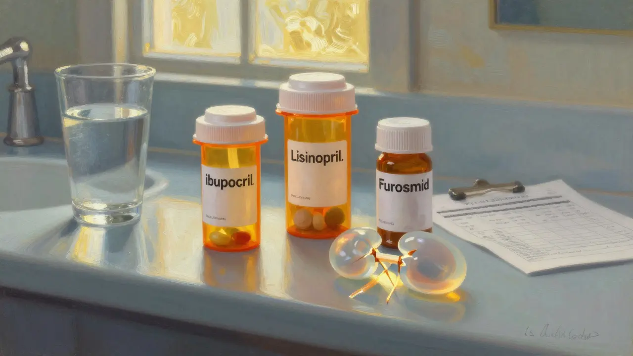Three prescription bottles on a counter with a glowing, fractured kidney beneath, symbolizing dangerous drug interactions.