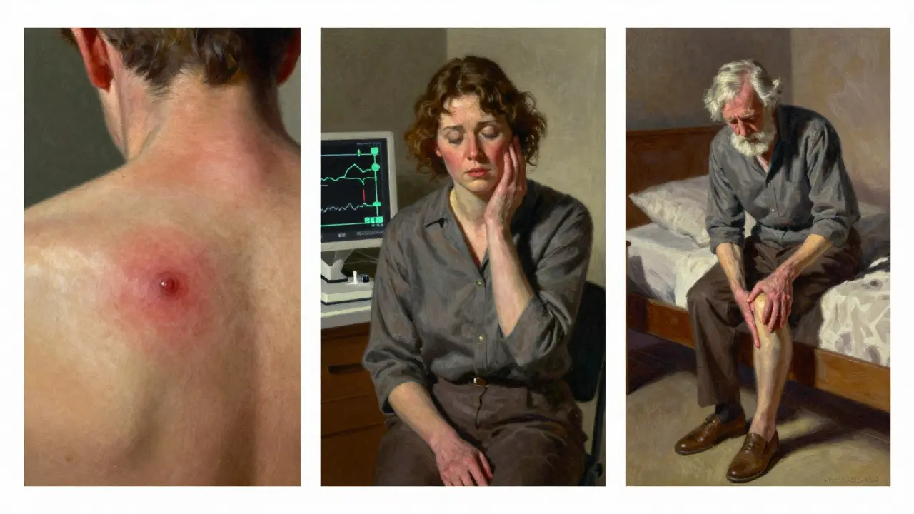 Three stages of Lyme disease illustrated: rash, facial paralysis, and joint pain, rendered in elegant vintage style.