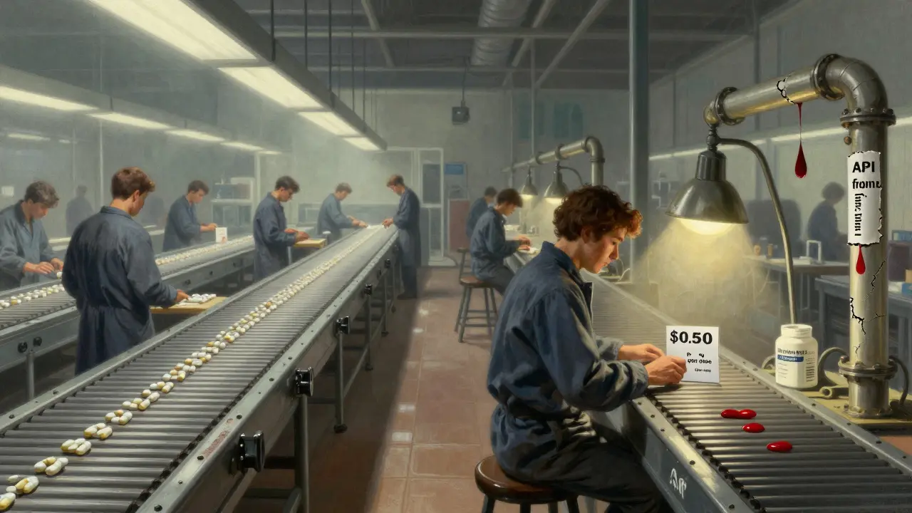 Two parallel production lines: one robust in the U.S., one fragile overseas, symbolizing generic drug supply vulnerability.