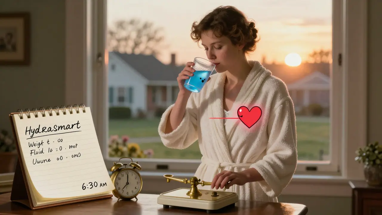 Woman checking morning weight with smart cup, notepad shows hydration log, sunrise through window