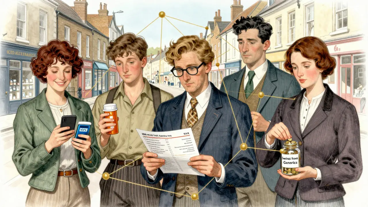 A collage of people connected by golden threads, each managing medications with price checks and alerts.