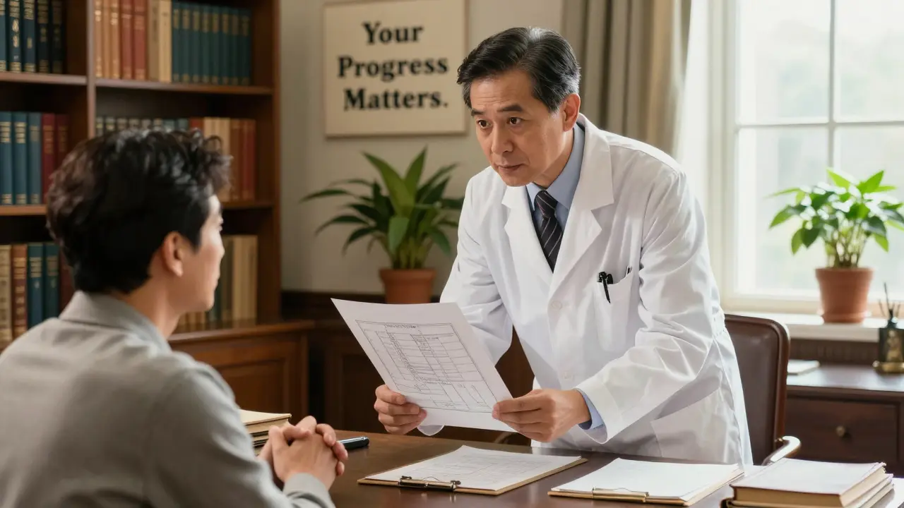 A doctor and patient discussing a taper plan in a warm, book-filled office.