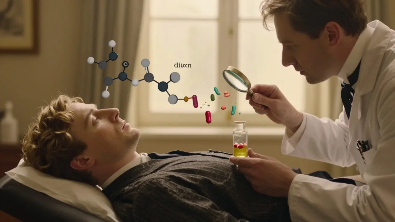 A doctor examining a stool sample under a magnifying glass, revealing bacteria breaking down a heart medication tablet.