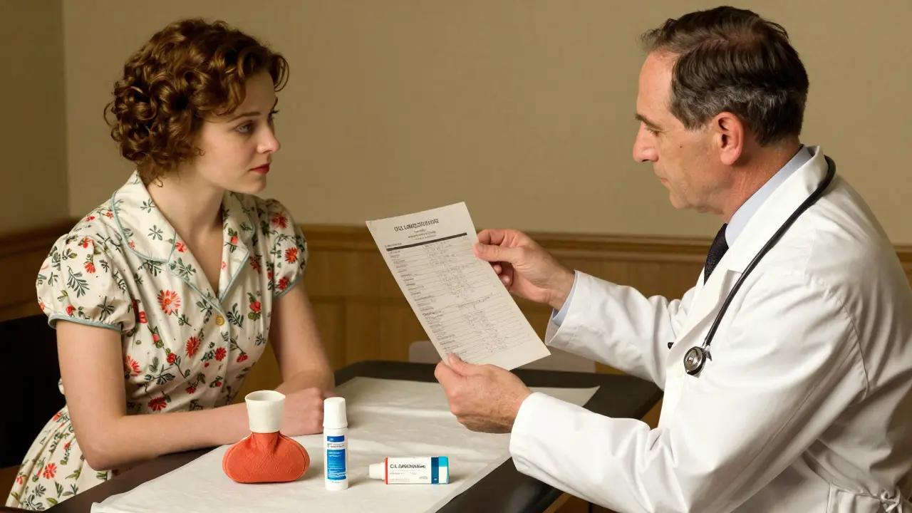 A doctor showing a blood test to a patient, with heat therapy and topical gel on the table.