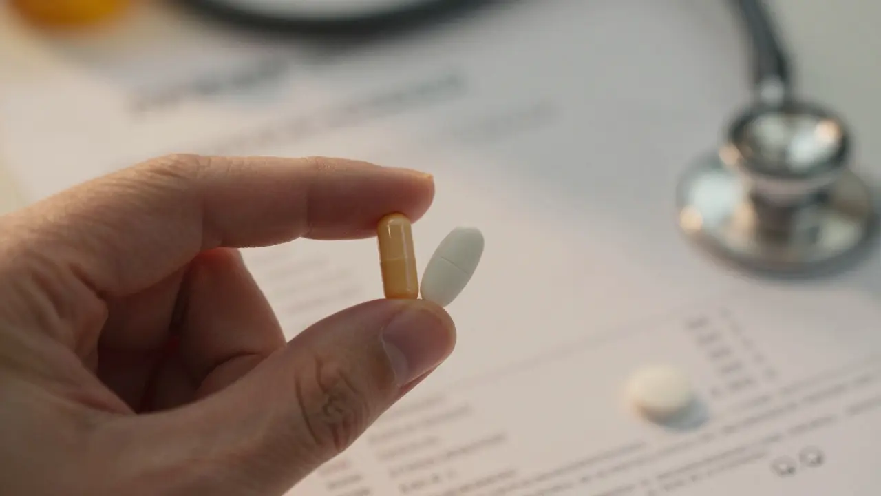 A hand holding brand-name and generic pills side by side, with lab reports visible in the background.