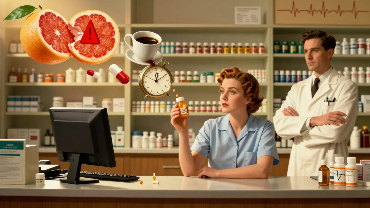 A patient holding a pill bottle as surreal warning icons float behind them, with a calm pharmacist observing.
