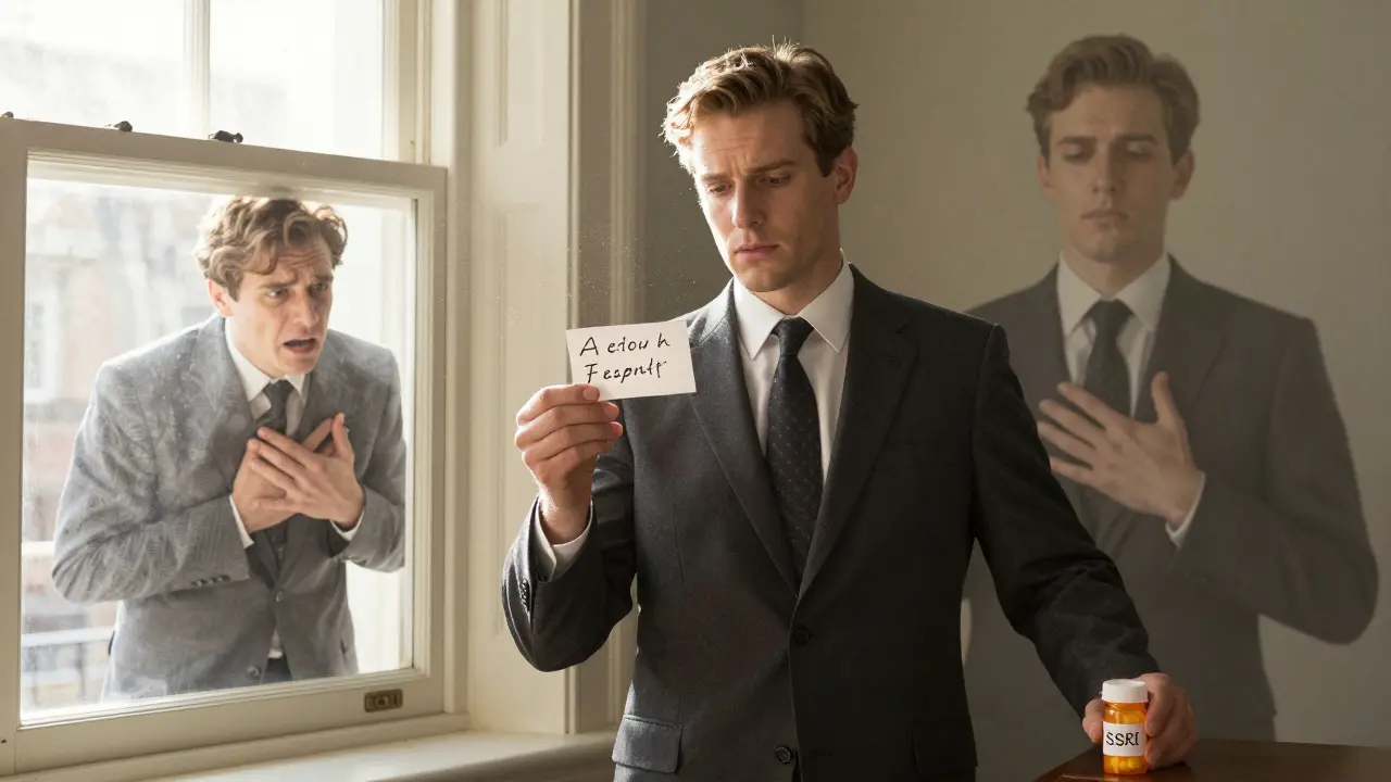 A person holding an affirmation card and medication, standing confidently in morning light.