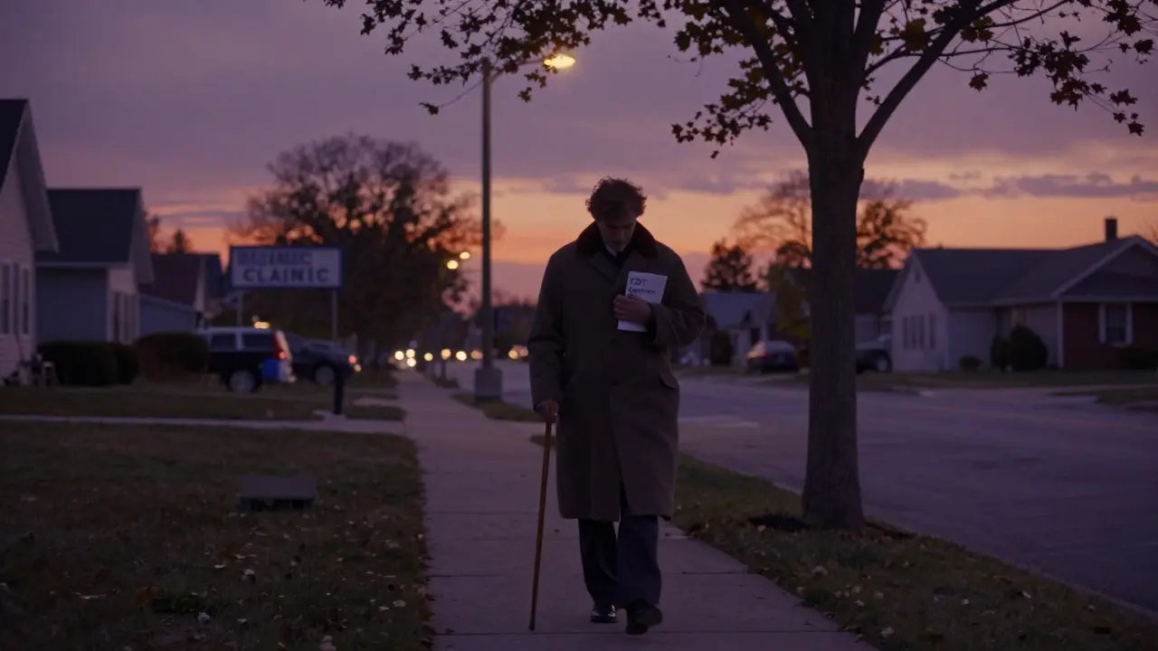 A person walking at twilight, carrying a therapy letter, symbolizing quiet recovery.