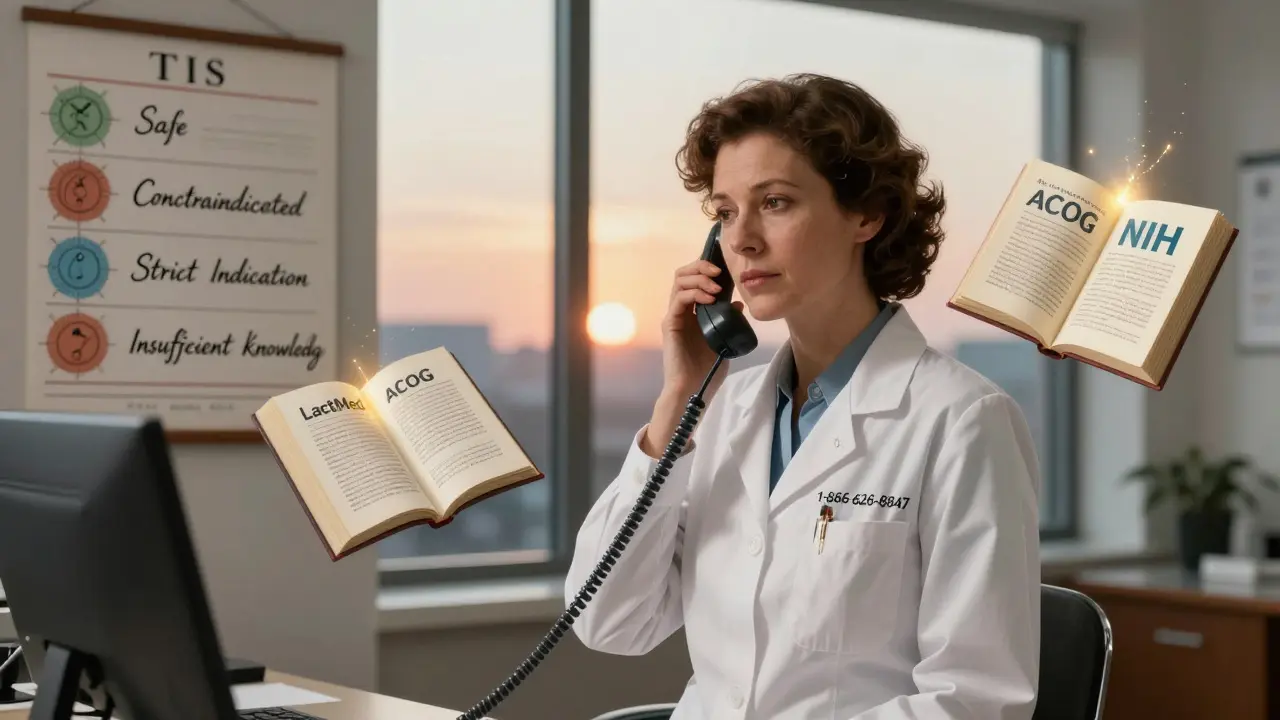 A teratologist answering a helpline in a softly lit office, with TIS categories and trusted medical books glowing behind her.
