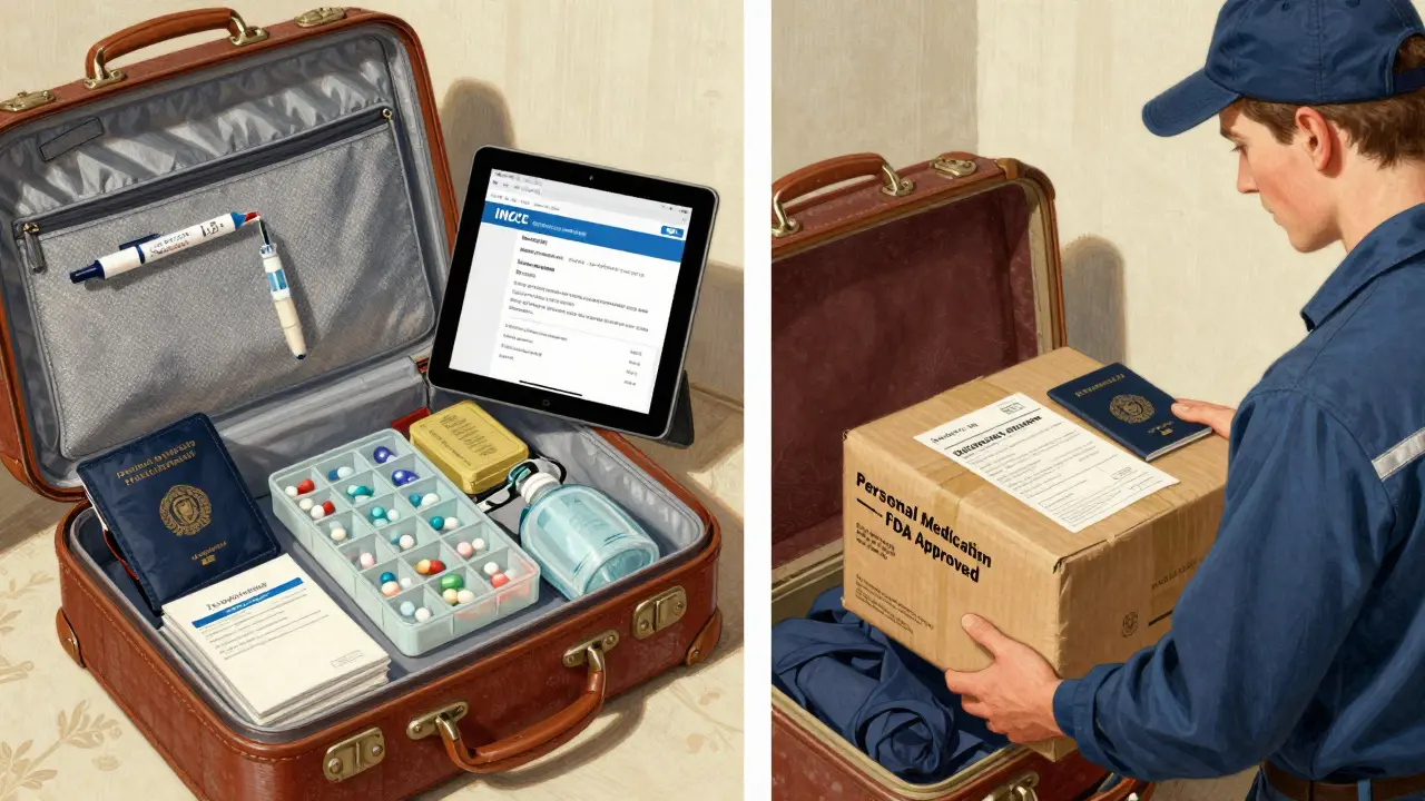 A traveler packs medical supplies with a cooling wallet and mail shipment, ready for extended international travel.