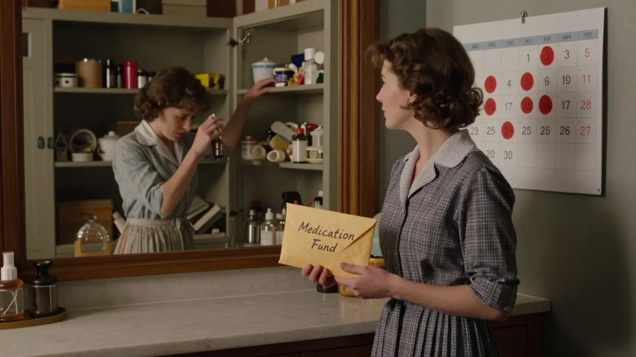 A woman holding a labeled envelope while checking refill dates on a calendar in a kitchen.