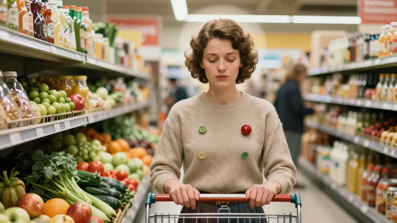A woman using the 5-4-3-2-1 grounding technique in a grocery store, touching objects around her.