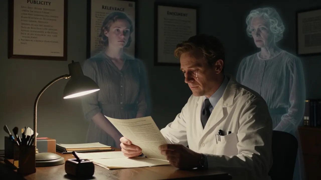 An oncologist stares at two patient charts at night, haunted by ghostly figures, as ethical guidelines frame the scene.