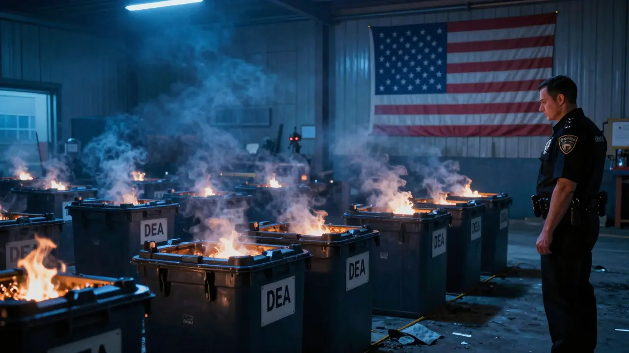 DEA agent overseeing secure destruction of collected medications at night.