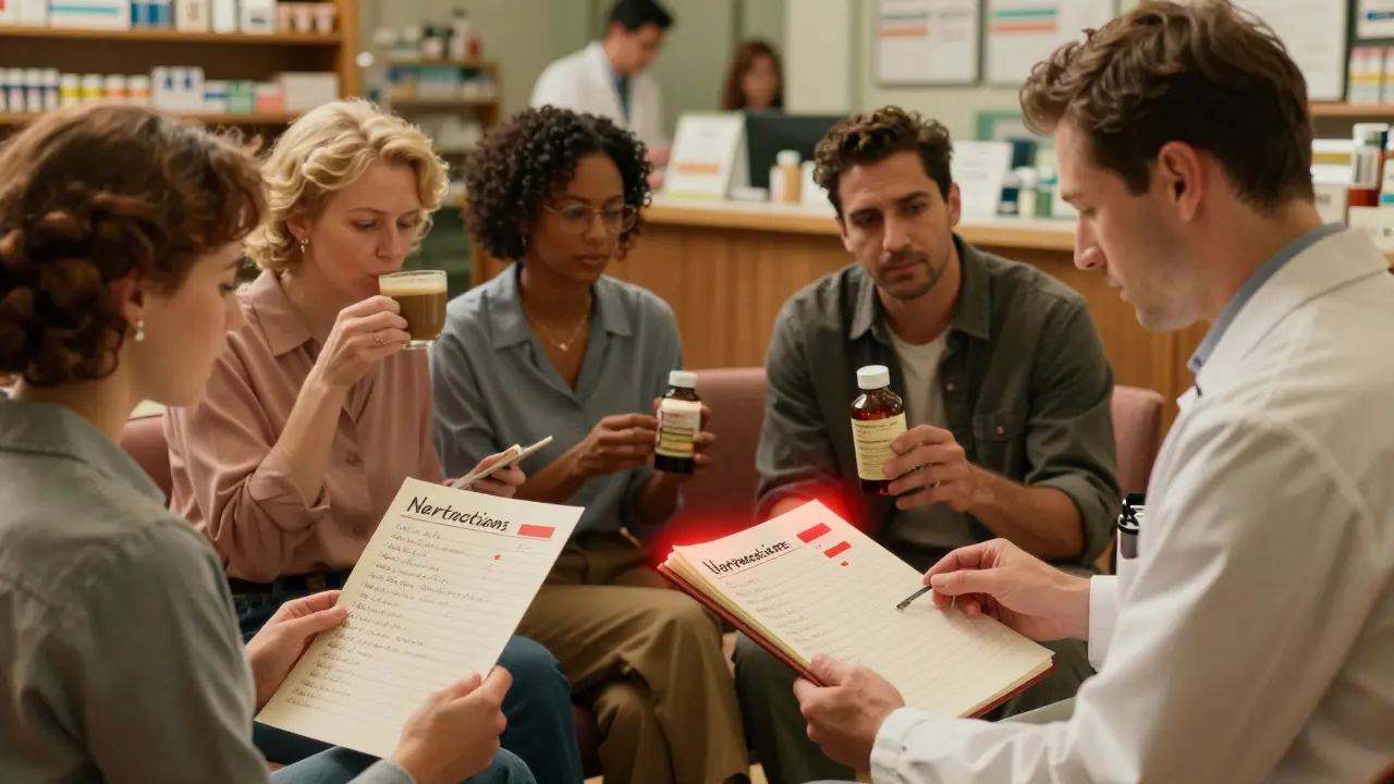 Diverse patients in a pharmacy waiting area holding lists of medications, while a pharmacist reviews interactions on a ledger.