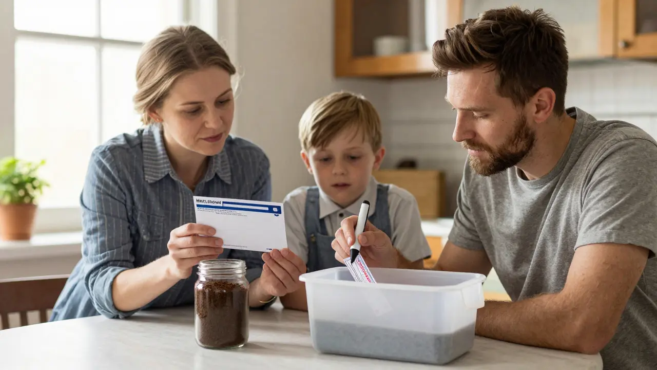 Family carefully preparing medications for mail-back disposal at home.