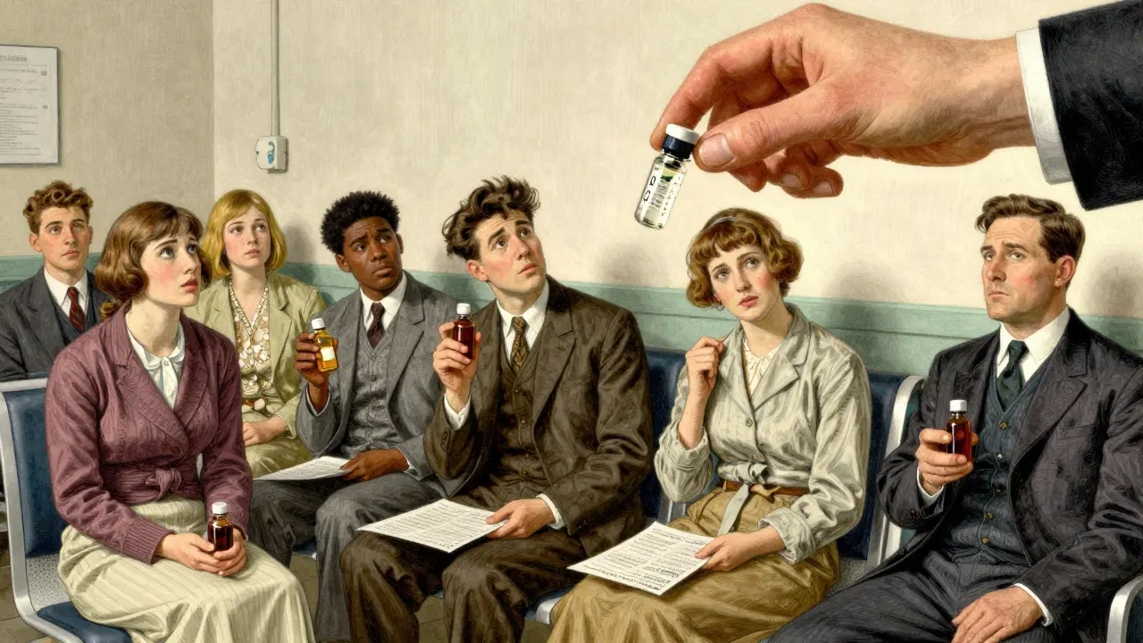 Patients in a waiting room hold medication bottles as unseen hands distribute scarce doses, symbolizing unequal access.