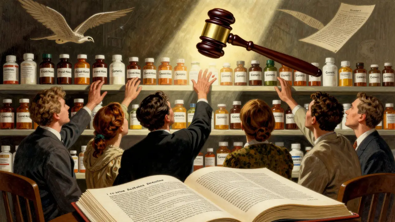 Patients reaching for affordable medicine as a gavel casts light between brand and generic drugs.