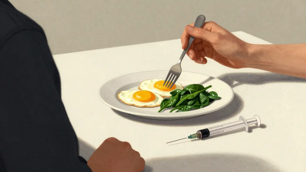 Person eating a high-protein breakfast with an empty syringe on the table in morning light.