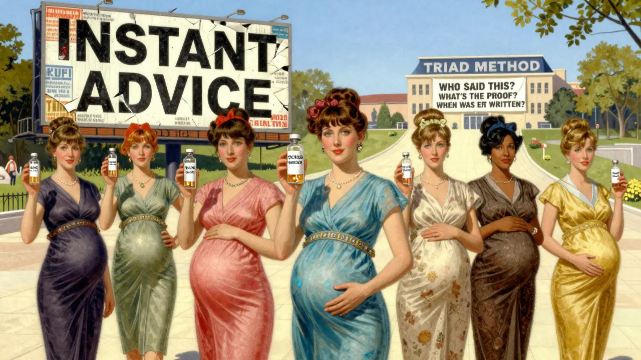 Pregnant women holding safe medications as misleading ads crumble behind them, leading toward a path marked 'TRIAD METHOD'.
