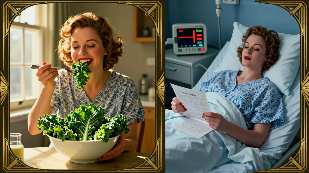 Side-by-side scenes: one showing a person eating kale happily, the other in a hospital with a red INR alert, highlighting dietary risks.