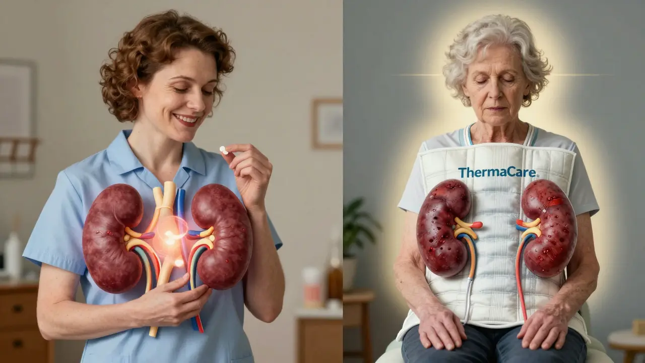 Split image: past pill use vs. present non-drug pain management with kidney health restored.