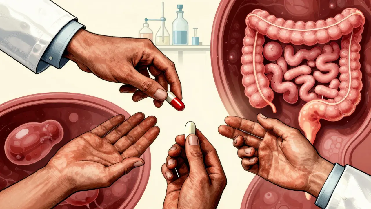 Three hands—doctor, patient, and microbiome—each transforming a single pill into different forms as it passes through the gut.