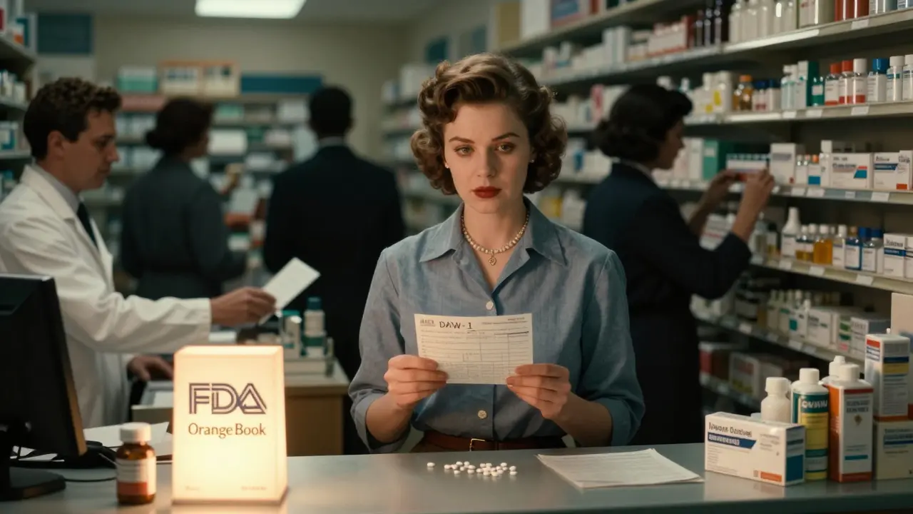 Woman at pharmacy holding prescription with 'DAW-1' as pharmacist retrieves brand medication, FDA Orange Book glowing nearby.