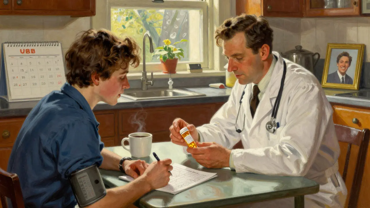 A doctor and patient reviewing a symptom log at a kitchen table, sunlight streaming in, conveying trust and care.