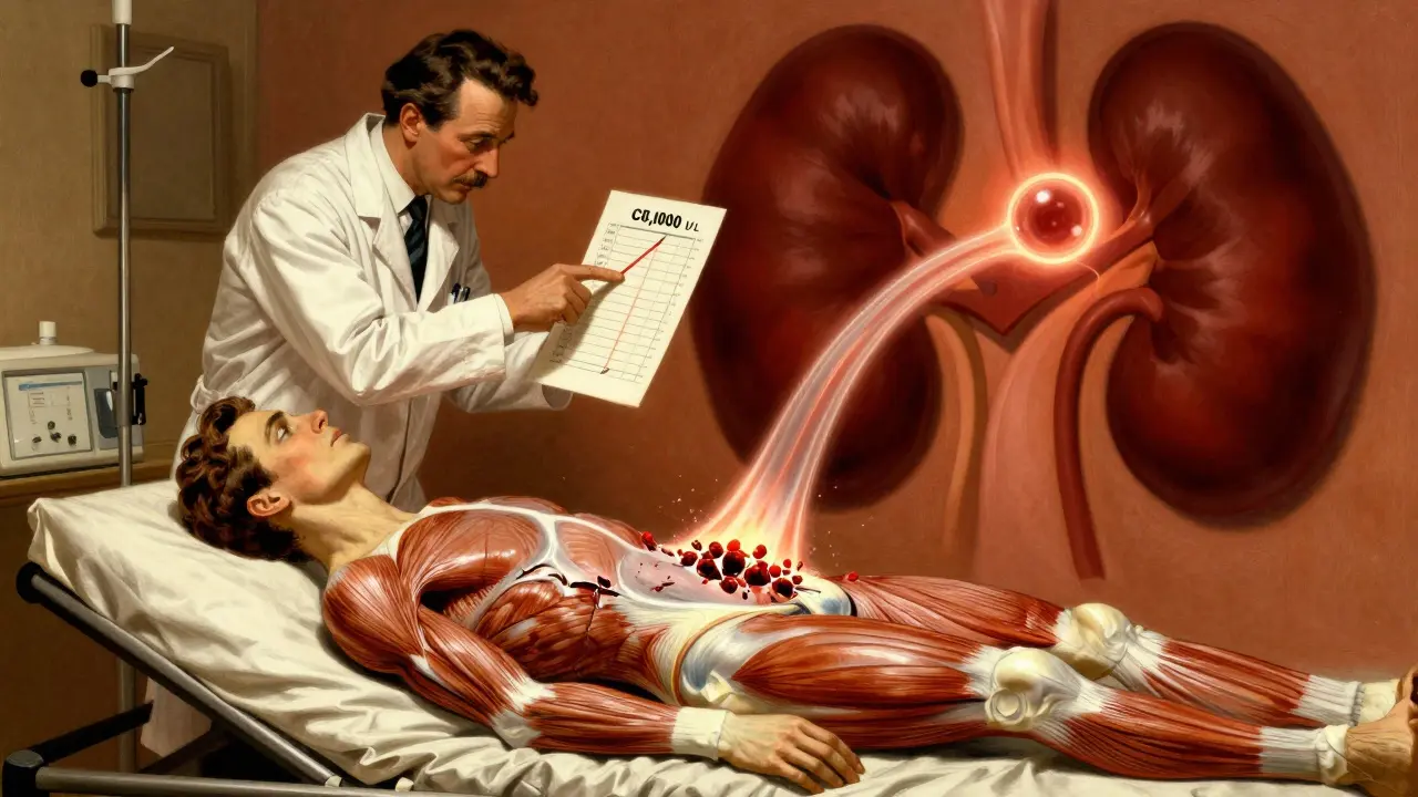 A doctor examines a blood test showing extreme CK levels while a patient's muscles break apart, with myoglobin flowing toward kidneys.