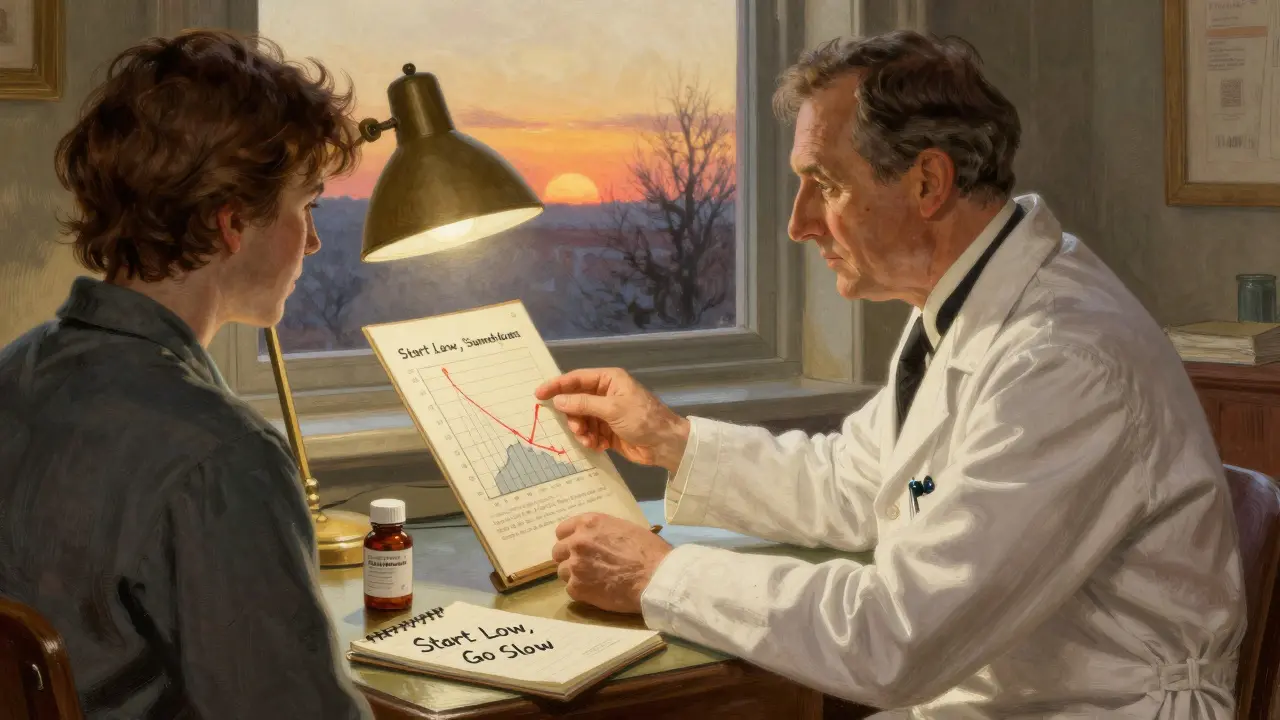 A doctor explains metformin tolerance using a chart, with extended-release pill on desk.