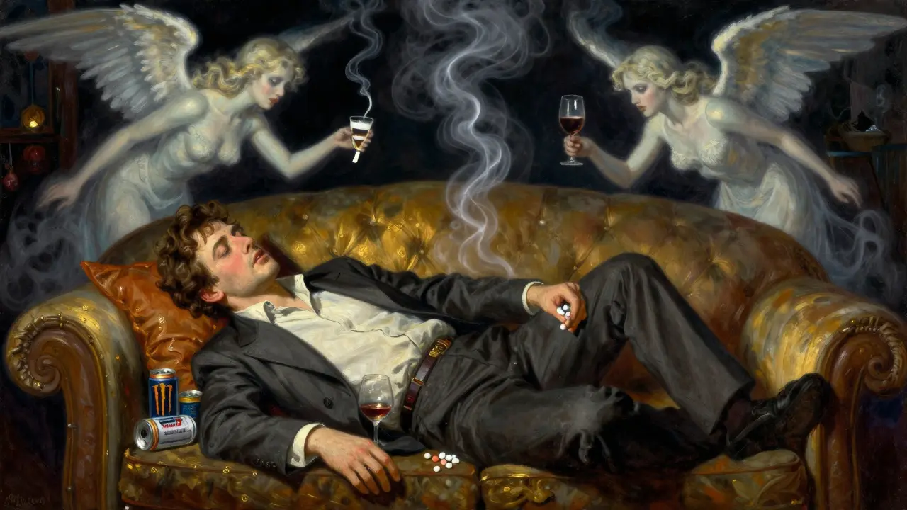 A man collapses on a couch surrounded by pills and drinks as ghostly toxic figures swirl above him in a dark room.