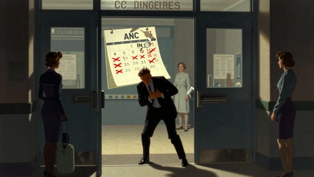 A patient rushing toward a hospital entrance while a floating calendar with crossed-out lab dates looms behind them in dramatic shadows.