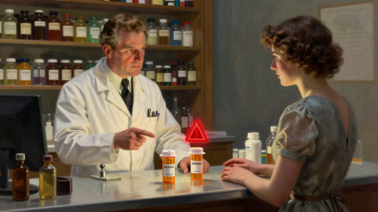 A pharmacist warns a woman at a pharmacy counter about dangerous drug combinations on the counter.