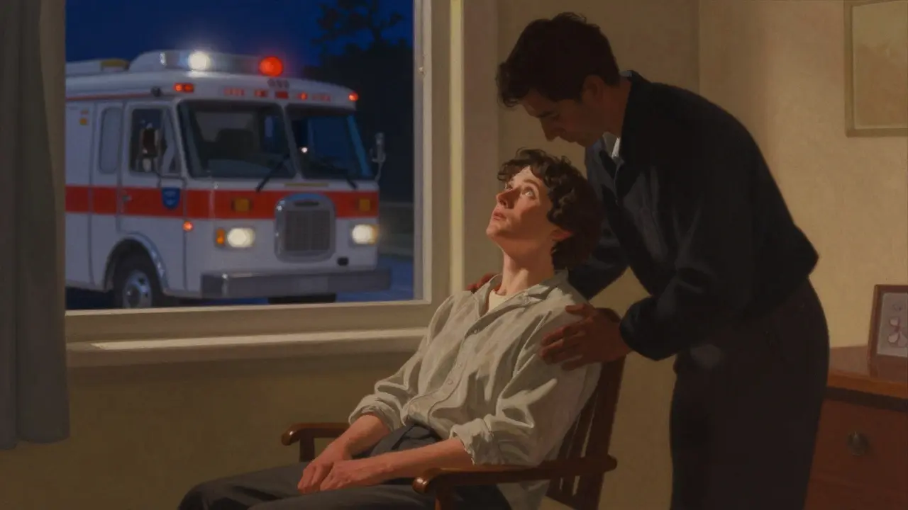 A recovering patient sits upright breathing normally while a helper monitors closely.