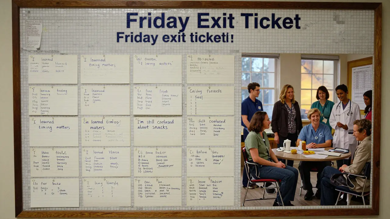 A wall covered in handwritten patient exit tickets, with staff and patients smiling in the background under soft evening light.