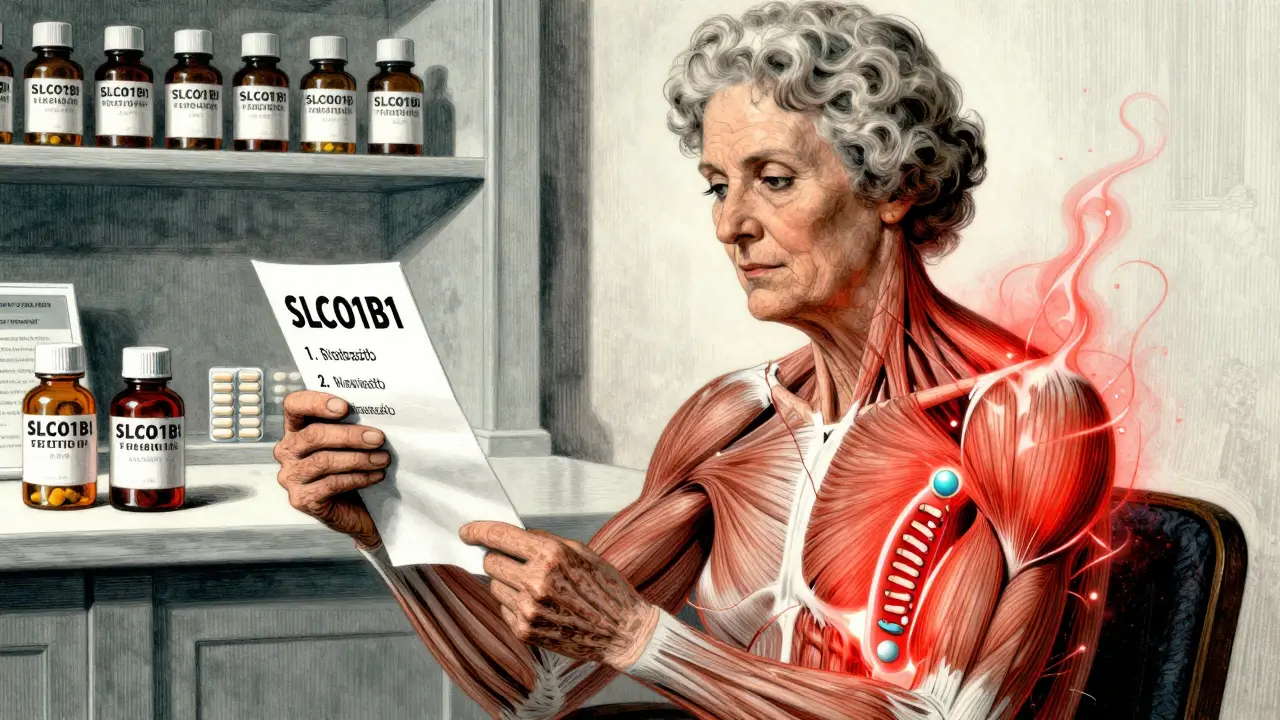 A woman holds her medications, her body transparent to show fraying muscles, with a glowing gene variant beside her.
