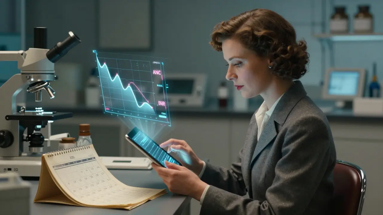 A woman reviewing digital health data on a tablet, with a folded paper calendar beside her, blending vintage and futuristic elements.